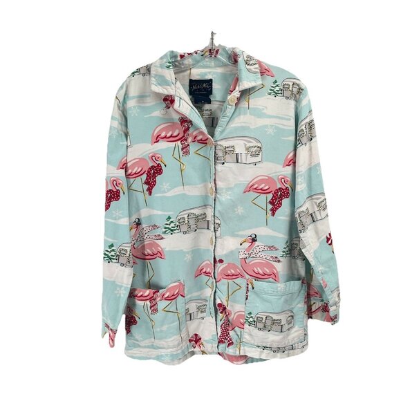Nick Nora Pajama Top Womens Holiday Flamingo Air Stream RV Pajamas Flannel Sz M - Picture 1 of 4